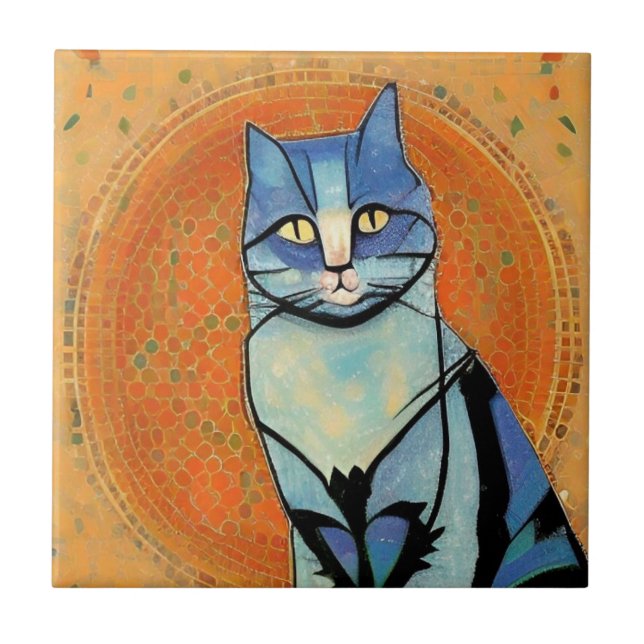 Blue cat moroccan mosaic abstract art golden sun  ceramic tile (Front)