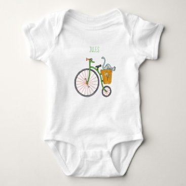 Blue cat on vintage bicycle baby bodysuit