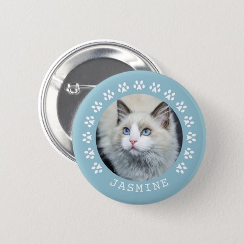 Blue Cat Paw Prints Frame Pet Photo Button