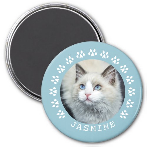 Blue Cat Paw Prints Frame Pet Photo Magnet
