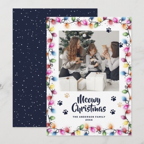 Blue Cat Paws Christmas Lights Photo Meowy Holiday Card