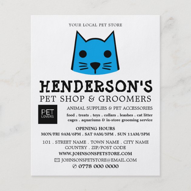 Blue Cat Pet Store Groomers Advertising Flyer Zazzle