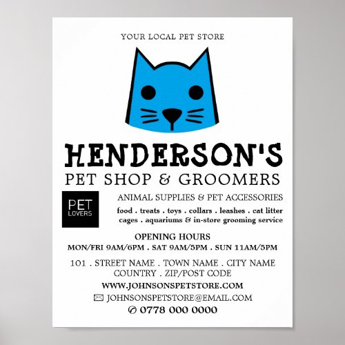 Blue Cat Pet Store  Groomers Advertising Poster