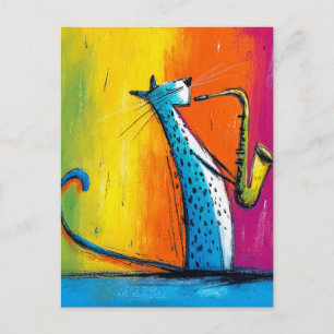 Blue Cat Playing a Saxophone Postcard