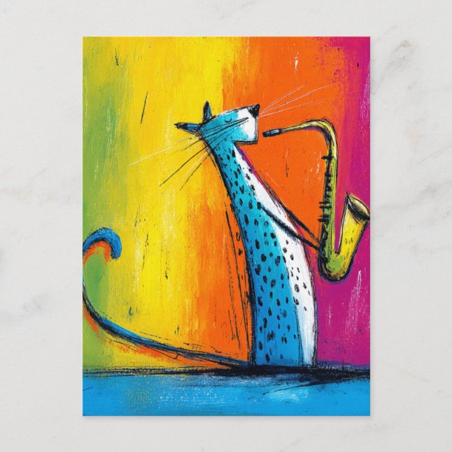 Blue Cat Playing a Saxophone Postcard (Front)