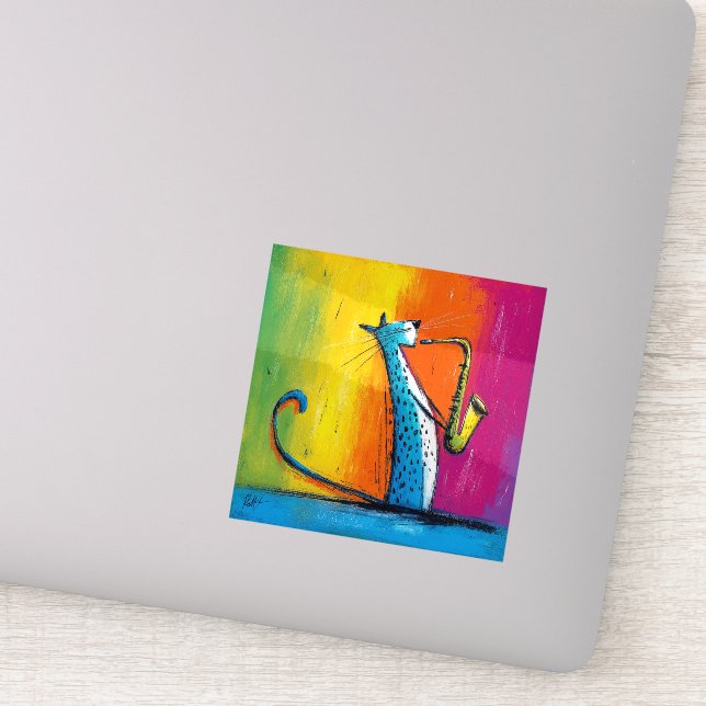 Blue Cat Playing a Saxophone Sticker (Detail)