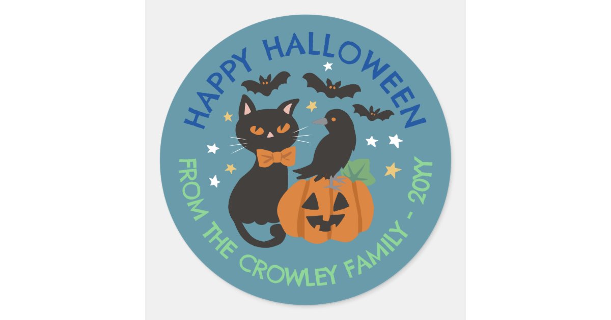 Blue Cat Pumpkin Raven Happy Halloween Classic Round Sticker | Zazzle