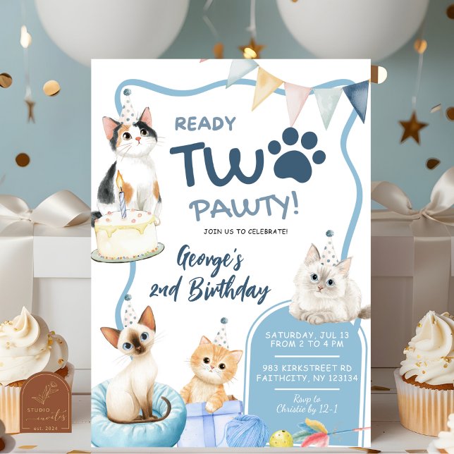 Blue Cat Ready Two Pawty 2nd Birthday Invitation (Creator Uploaded)