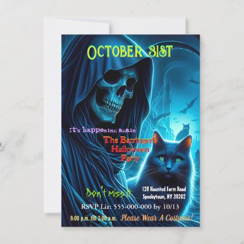 Blue Cat Skeleton Halloween Costume Annual Party Invitation