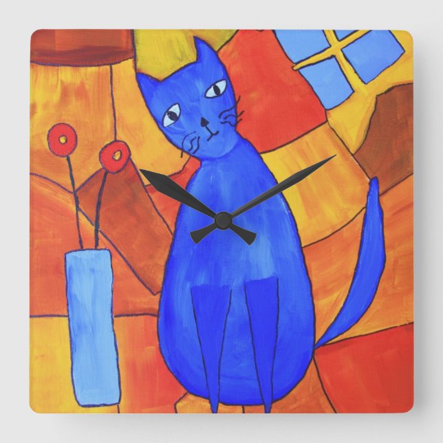 Blue Cat Square Wall Clock (Front)