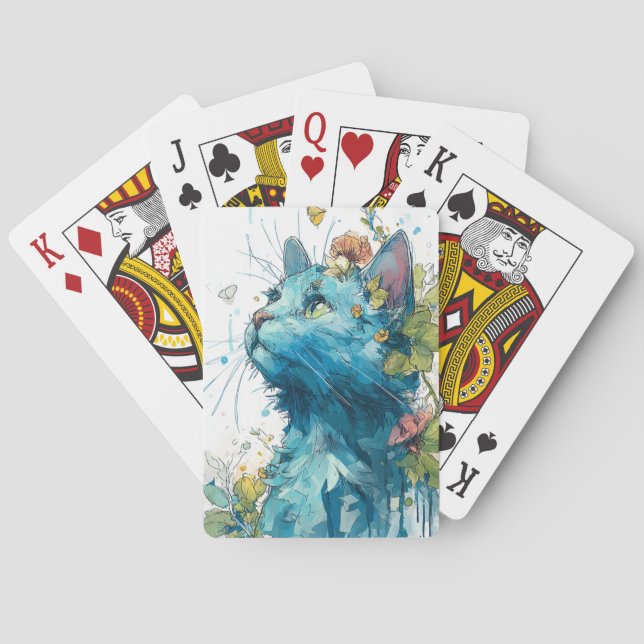 Blue Cat with Flowers Poker Cards (Back)