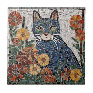 Blue Cat with Flowers Tiled Mosaic Ceramic Tile