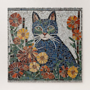 Blue Cat with Flowers Tiled Mosaic Jigsaw Puzzle