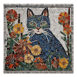 Blue Cat with Flowers Tiled Mosaic Poster