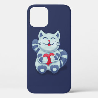 Blue Cat With Heart Cute Smiling Kitty iPhone 12 Case