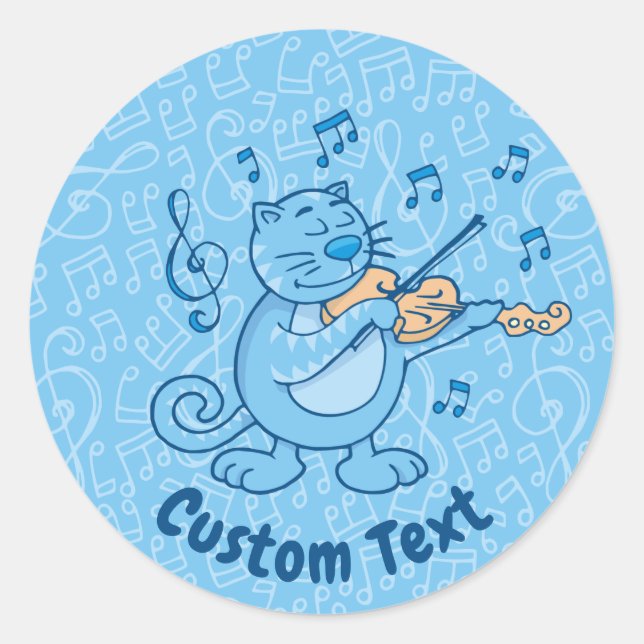 Blue Cat with Violin Classic Round Sticker (Front)