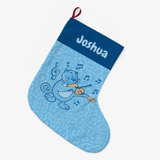 Blue Cat with Violin Large Christmas Stocking (Front (Hanging))