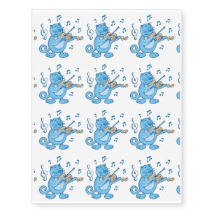 Blue Cat with Violin Temporary Tattoos