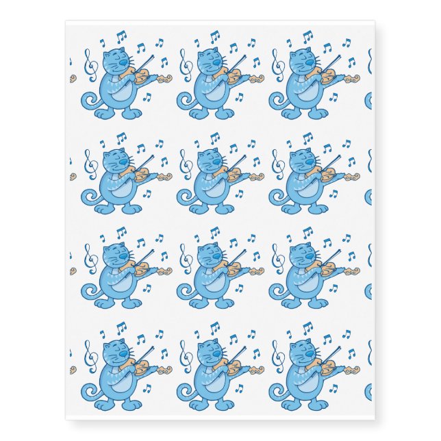 Blue Cat with Violin Temporary Tattoos (Front)