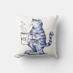 Blue cat with WTF cup Throw Pillow