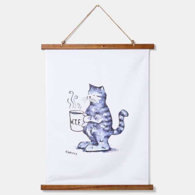Blue cat with WTF mug Hanging Tapestry (Front)