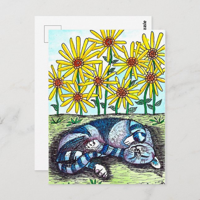 Blue Cat & Yellow Flowers Postcard (Front/Back)