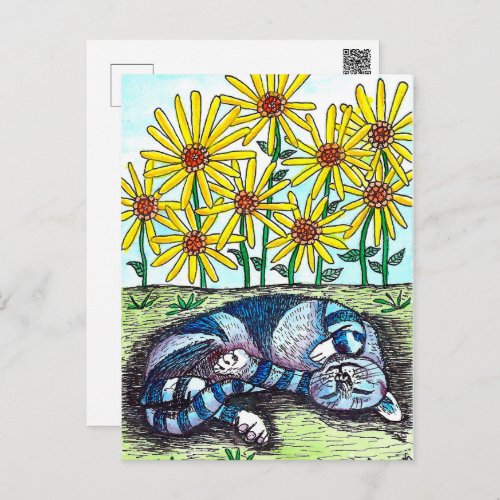 Blue Cat  Yellow Flowers Postcard