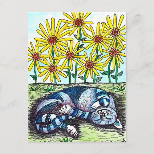 Blue Cat  Yellow Flowers Postcard