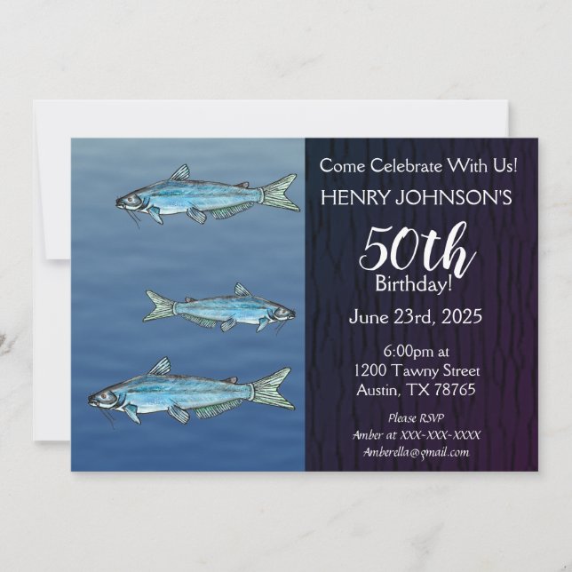 Blue Catfish Fishing Themed Birthday Invitation (Front)
