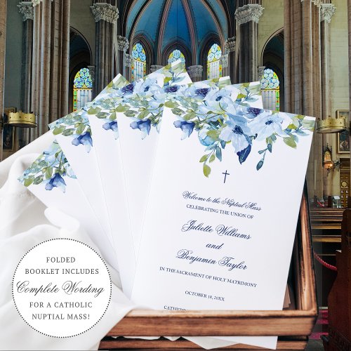 Blue Catholic Wedding Ceremony Program with Mass