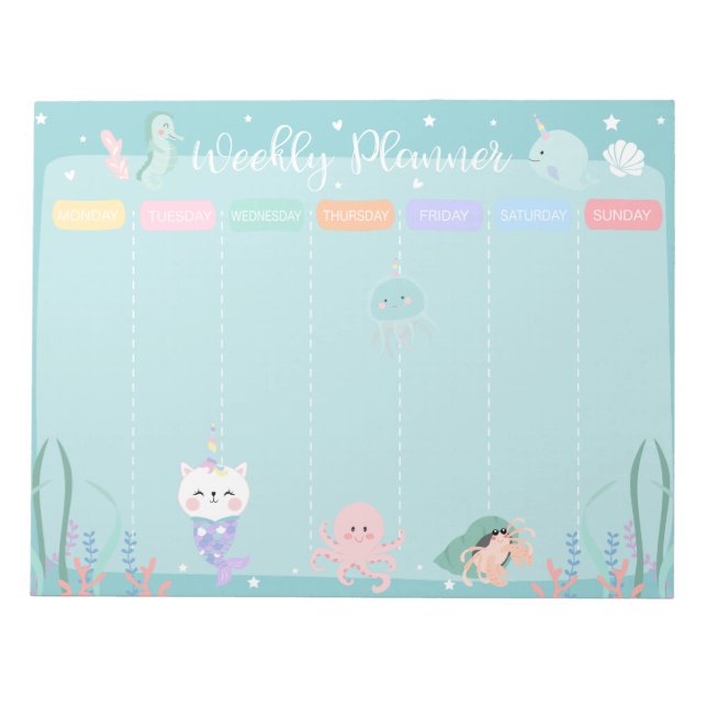 Blue Caticorn Meowmaid Sea Weekly Planner Notepad (Front)