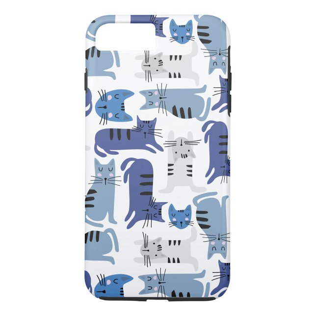 Blue Cats Case-Mate iPhone Case (A phone case with a pattern of cartoon cats in various shades of blue and gray on a white background)