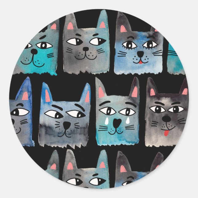 Blue cats classic round sticker (Front)