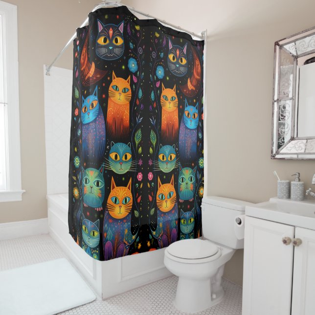 Blue cats shower curtain (In Situ)