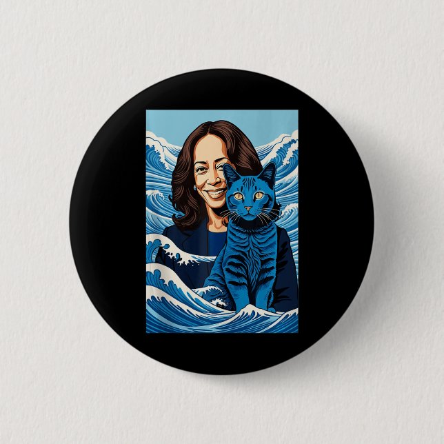 Blue Cats Wave For Kamala Funny Kamala Harris For  Button (Front)
