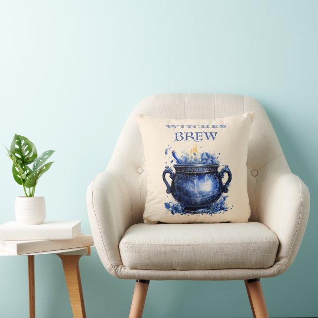 Blue Cauldron Witches Brew Cream Yellow Halloween Throw Pillow (Chair)