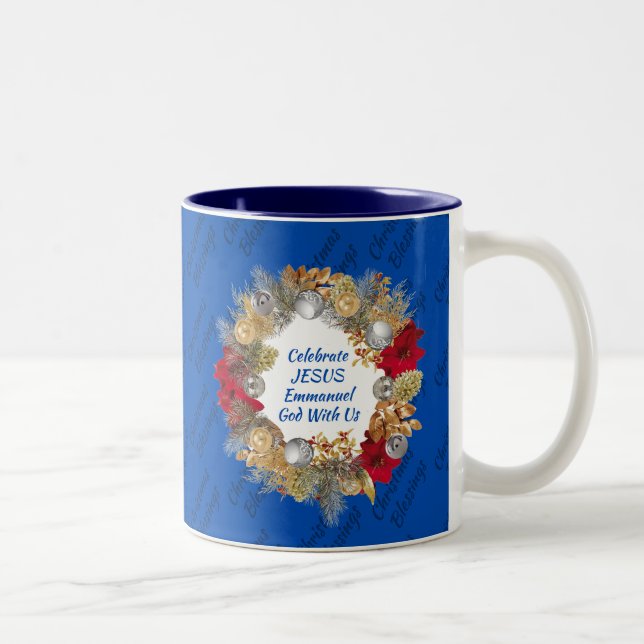 Blue CELEBRATE JESUS Christmas Two-Tone Coffee Mug (Right)