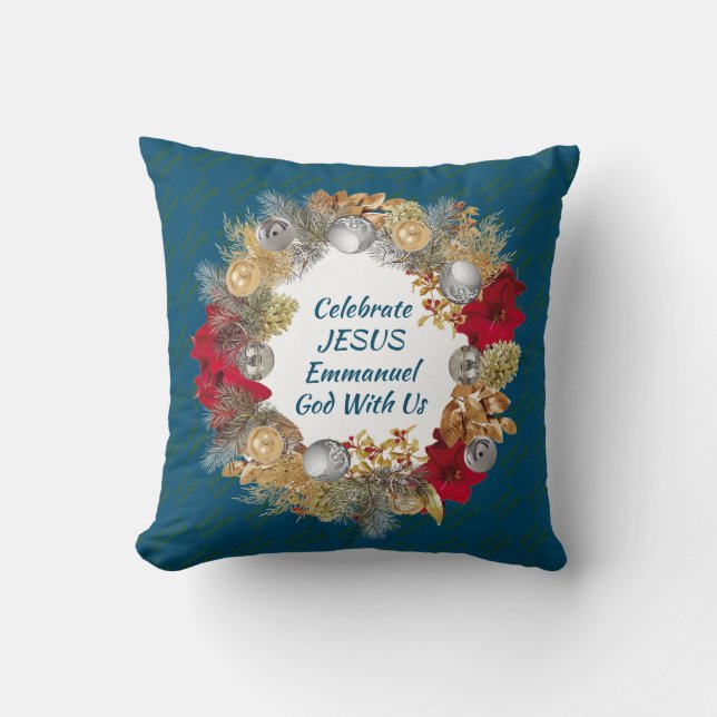 Blue CELEBRATE JESUS Christmas Wreath Throw Pillow (Front)