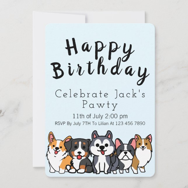 Blue - Celebrate Paw-ty cartoon puppies Invitation (Front)