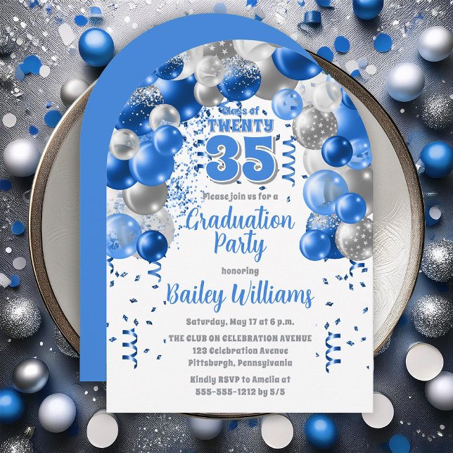 Blue Celebration Balloons Graduation Party Invitation (Blue Balloons Class Year Graduation Party Invitations - Print and/or Download Available)