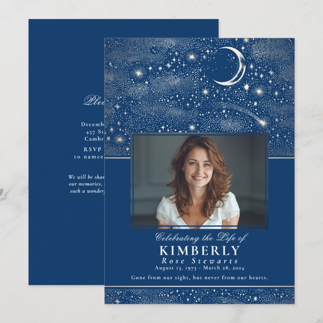 Blue Celebration of Life Funeral Memorial Photo Invitation (Front/Back)