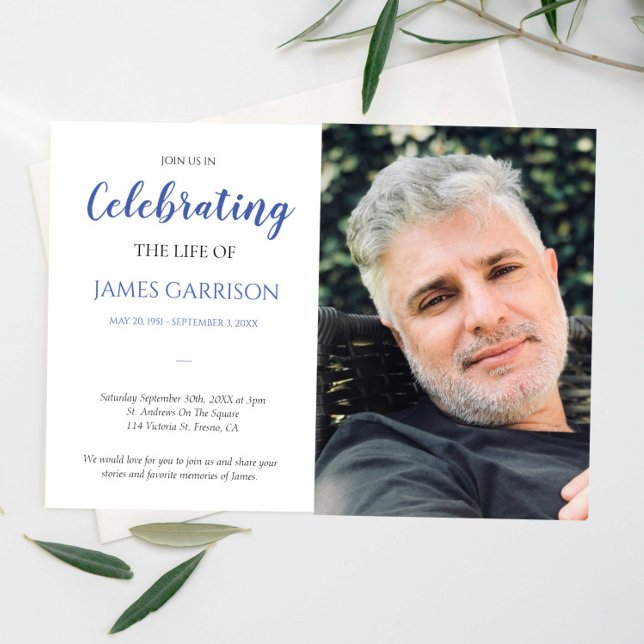Blue Celebration of Life With Photo Funeral Invitation (Creator Uploaded)