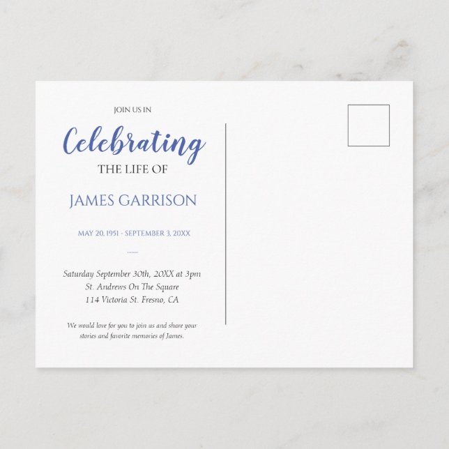 Blue Celebration of Life With Photo Funeral Invite (Back)