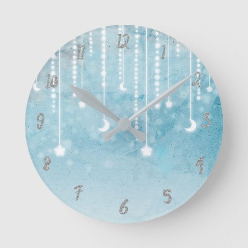 Blue Celestial Glow Moon Nursery Room Personalized Round Clock