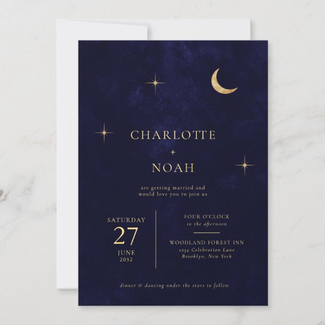 Blue Celestial Gold Moon Stars Photo QR Wedding Invitation (Front)