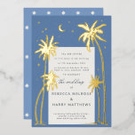 Blue Celestial Palm tree wedding Foil Invitation<br><div class="desc">This boho wedding invitation would be perfect for anybody hosting a tropical destination wedding or anybody who wants a twilight summer vibe for their invitation. The design features shiny gold foil palm trees with a moon and stars on a soft blue background with and the reverse of the invitation has...</div>