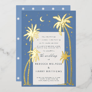 Blue Celestial Palm tree wedding Foil Invitation