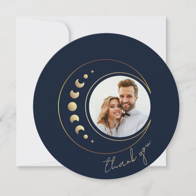 Blue Celestial Wedding Round Thank You Card (Front)