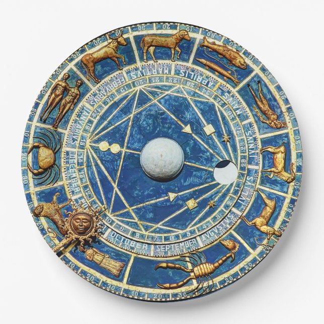 Blue Celestial Zodiac Astrology Party Horoscope Paper Plates (Front)