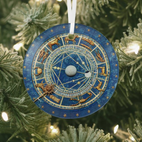 Blue Celestial Zodiac Wheel Astrology Signs Gold Glass Ornament